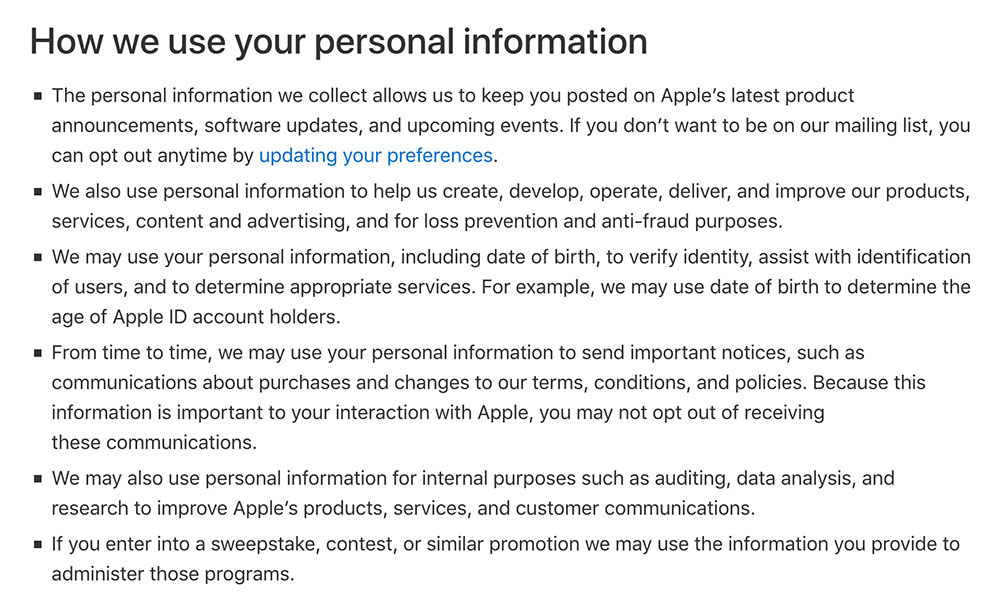 Apple Privacy Policy: How we use your personal information clause