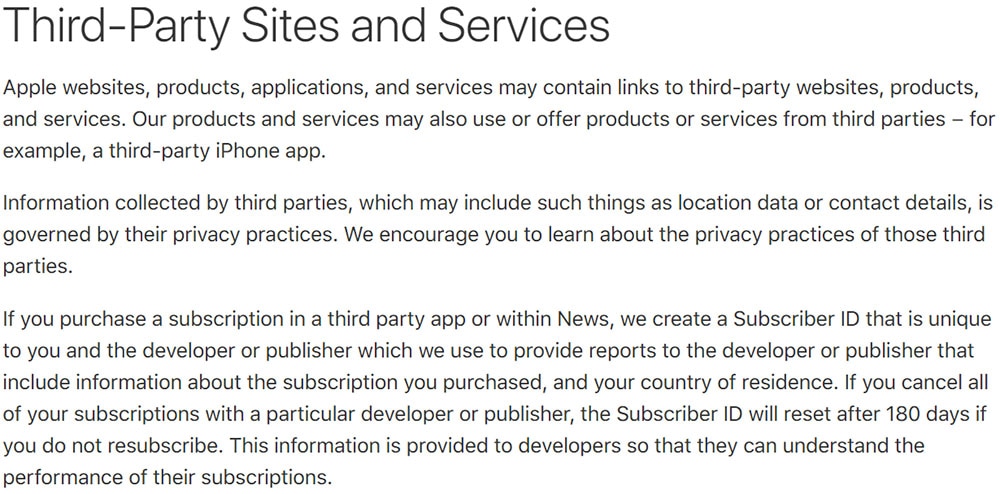 Apple Privacy Policy: Third Party Sites and Services clause