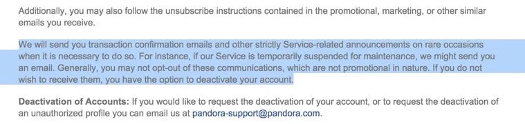 Pandora Opt-out Info in Privacy Policy