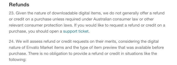 Envato Market Refunds Policy Screenshot