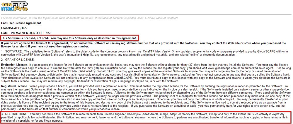 Highlighting Software Restrictions in CuteFTP EULA