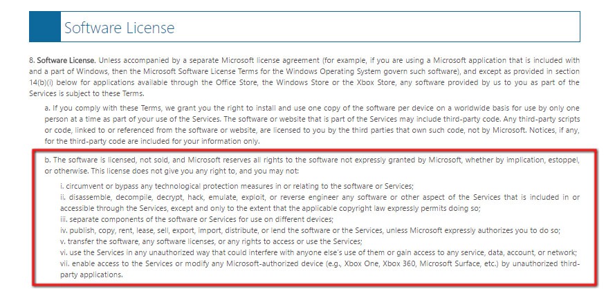 Microsoft Services Agreement: Software License clause
