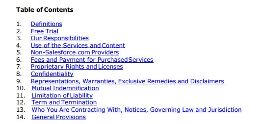 Table of Contents from Salesforce Master Subscription Agreement