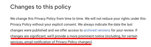 Google Privacy Policy: Changes to this Policy clause
