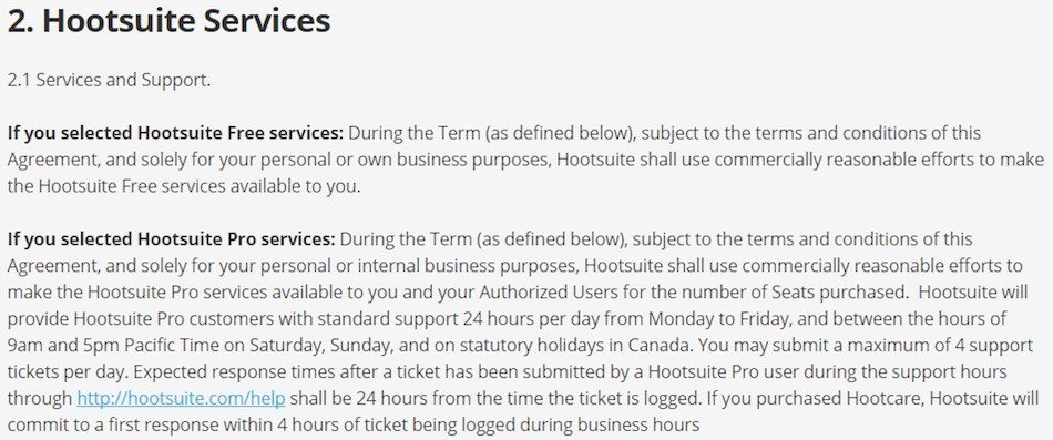 Screenshot of Hootsuite Terms and Conditions