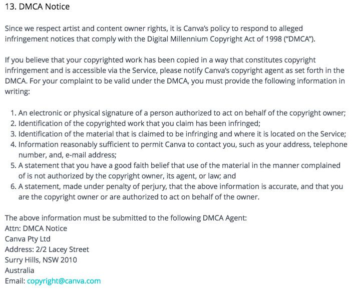 Canva Terms of Use: DMCA Notice clause