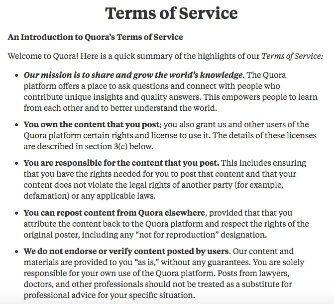 Quora Terms of Service introduction