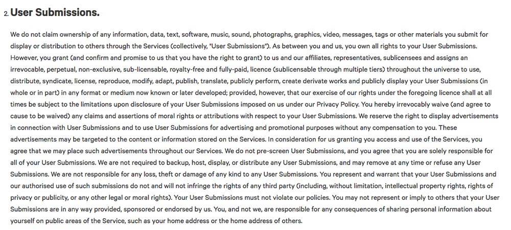 Vox Terms of Use: User Submissions clause