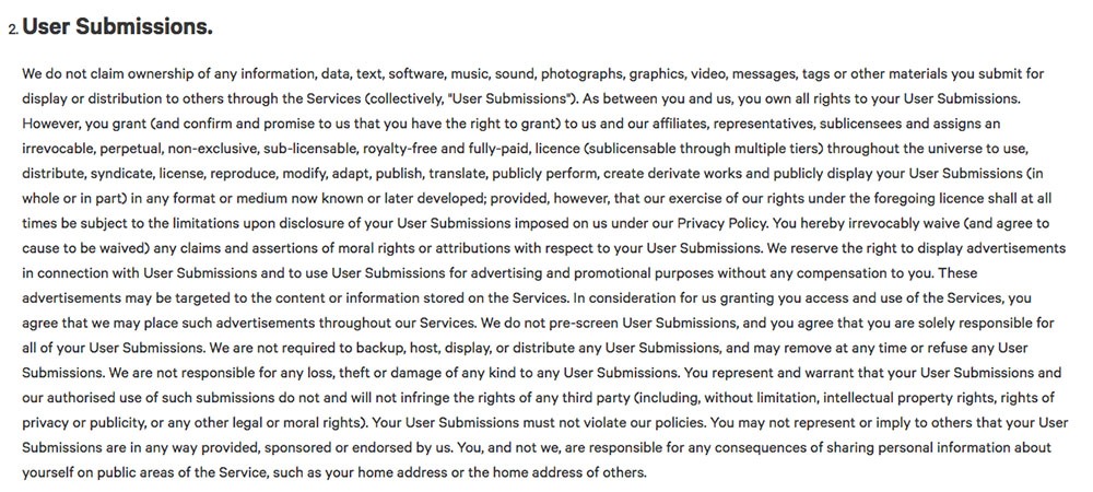 Vox Terms of Use: User Submissions clause