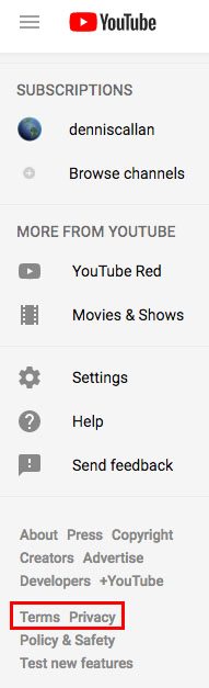 YouTube Terms of Service link highlighted in footer