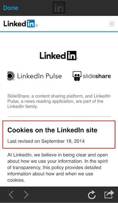 LinkedIn: Cookies Policy embedded in app