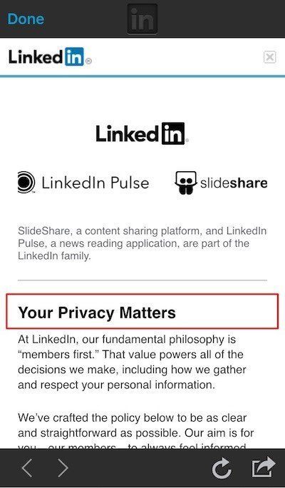 LinkedIn: Privacy Policy embedded in app