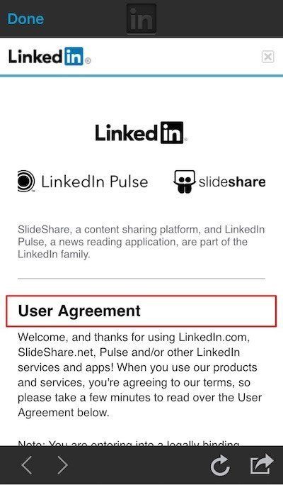 LinkedIn: User Agreement embedded in app