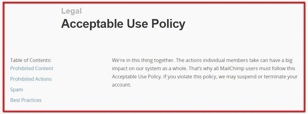 MailChimp: Screenshot of Acceptable Use Policy