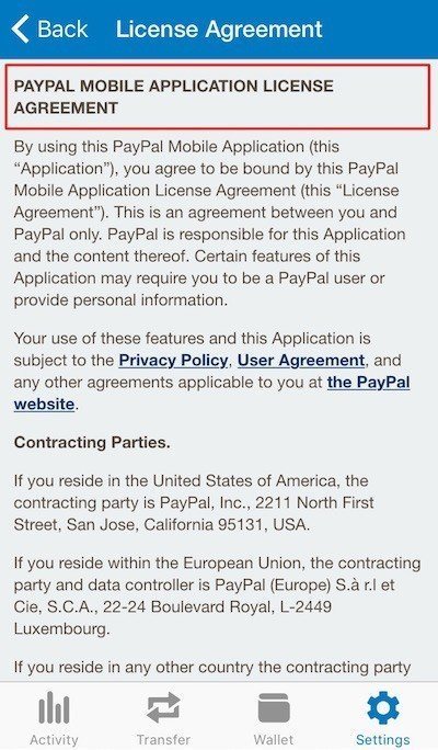 PayPal iOS app: Screenshot of Mobile EULA