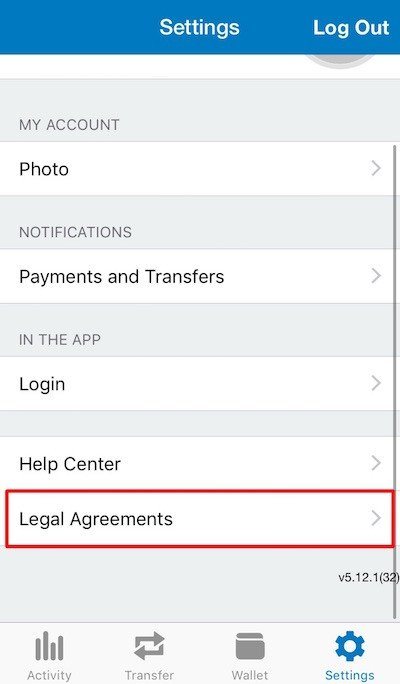 PayPal iOS app: Settings screen > Tap Legal Agreements