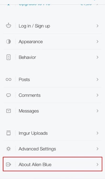 reddit app: About Blue Alien link menu
