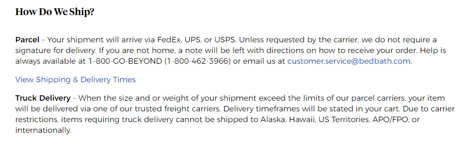 Bed Bath and Beyond Shipping Policy: Shipping methods section