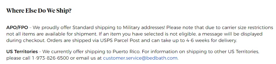 Bed Bath and Beyond Shipping Policy: Where do we ship section