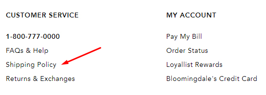 Bloomingdales footer links with Shipping Policy highlighted