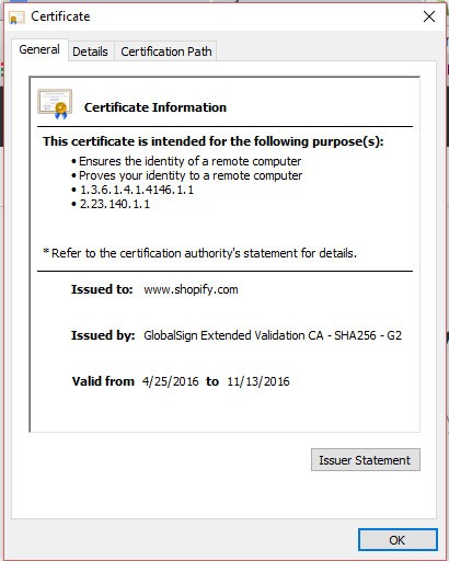 The SSL Certificate Details window on Windows