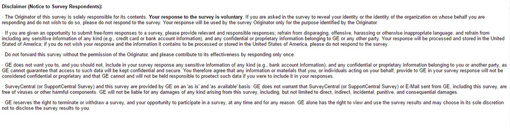 Example of GE Survey Disclaimer