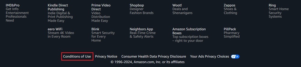 Amazon website footer with Conditions of Use link highlighted