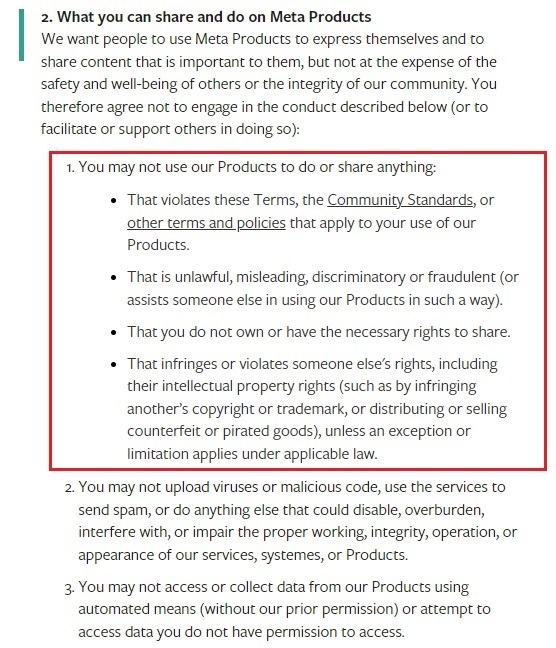 Facebook Terms Restrictions clause