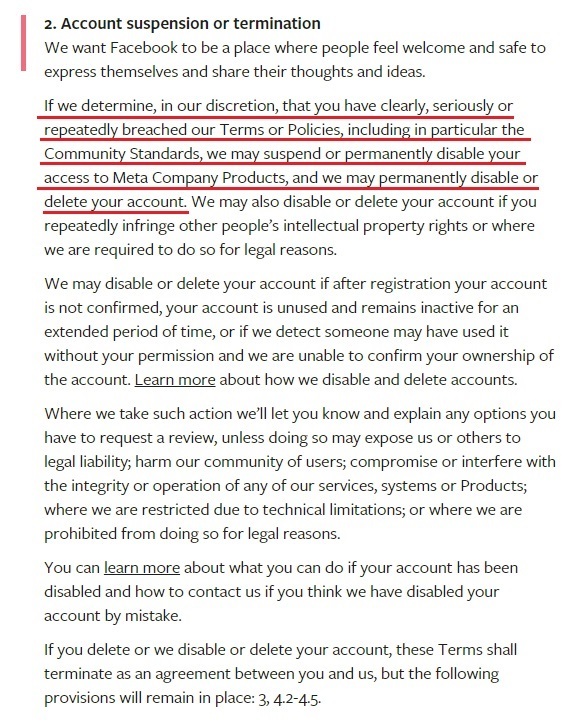 Facebook Terms Termination clause