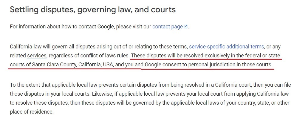 Google Terms Disputes clause
