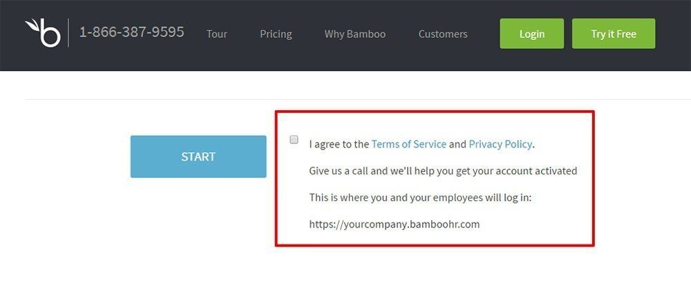 BambooHR Sign Up Clickwrap Checkbox: Agree to Terms of Service and Privacy Policy