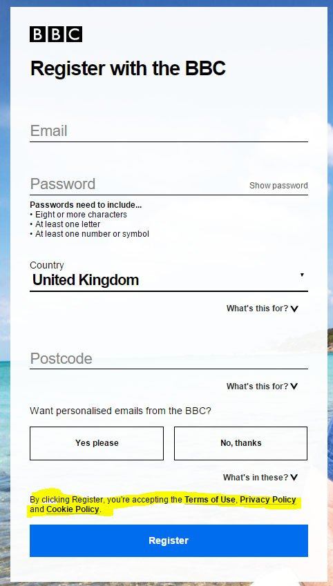 BBC Sign-up clickwrap: By clicking register, you accept