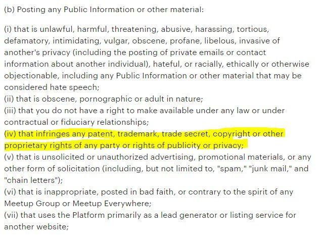 Meetup Terms & Conditions: Termination if intellectual property is infringed