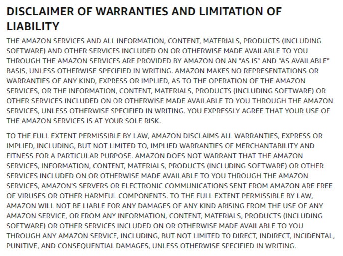 Amazon Conditions of Use: Disclaimer of Warranties and Limitation of Liability clause