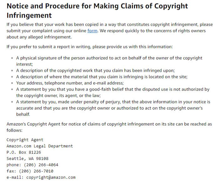 Amazon Conditions of Use: Notice and Procedure for Making Claims of Copyright Infringement clause