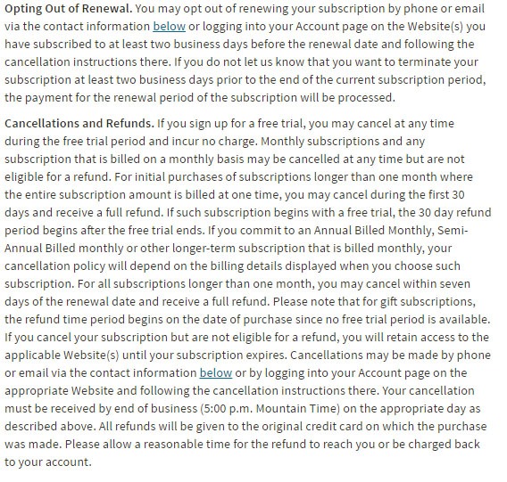 Subscription terms in Ancestry Terms and Conditions