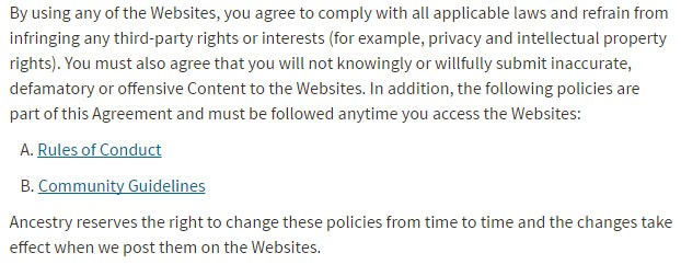 User rules of conduct in Ancestry Terms and Conditions