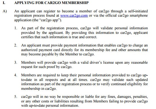 Apply for membership in car2go Terms and Conditions