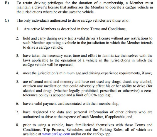 Driving Privileges in Car2go Membership Terms and Conditions
