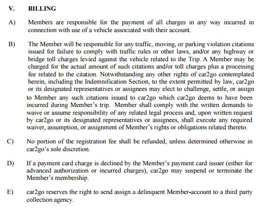 Billing in Car2go Terms and Conditions