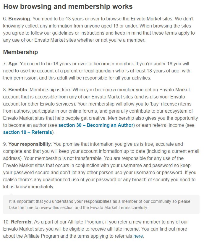 Age limit of membership in Envato Market Terms