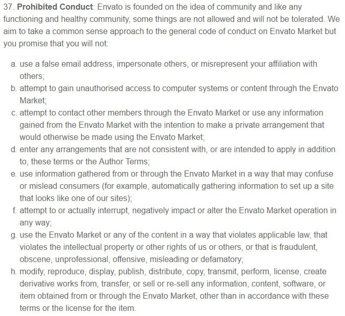 Prohibited Conduct in Envato Market Terms