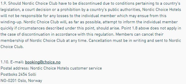 Liability Disclaimer from Nordic Choice Hotels Terms and Conditions