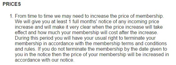 Prices section in Pure Gym Terms and Conditions