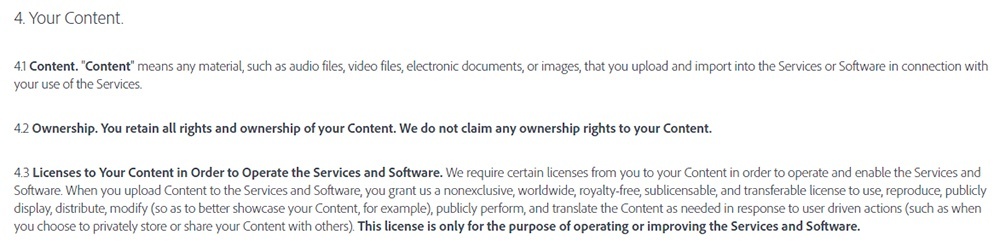 Adobe General Terms of Use: Your Content clause excerpt