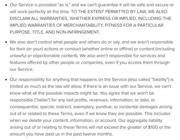 Instagram Terms of Use: Warranty, liability and content disclaimer clauses