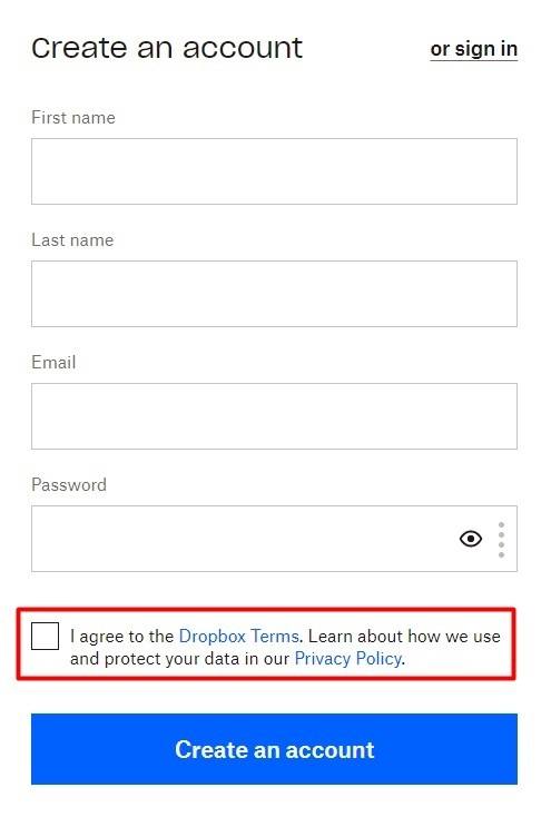 Dropbox Create Account form with I Agree checkbox highlighted - Updated
