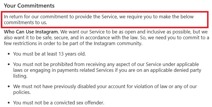 Instagram Terms of Use: Your commitments clause