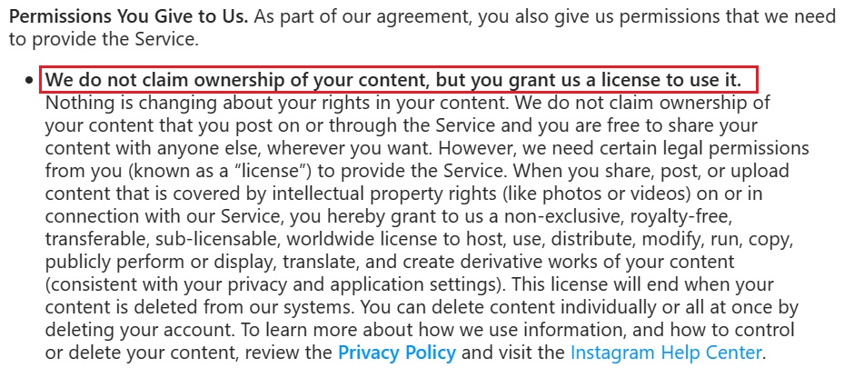 Instagram Terms of Use: Ownership license clause