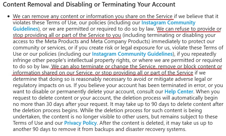 Instagram Terms of Use: Termination clause